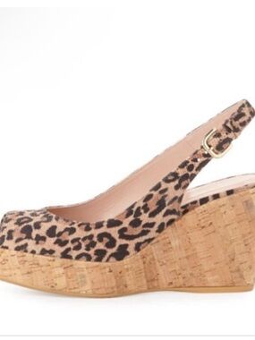 Stuart Weitzman Tan Leopard Print Cork Wedge Sling Platform Heels